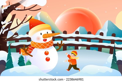 Little child making a snowman outside in winter with trees and clouds in the background, vector illustration