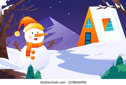 Little child making a snowman outside in winter with trees and clouds in the background, vector illustration