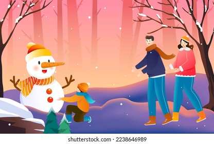 Little child making a snowman outside in winter with trees and clouds in the background, vector illustration