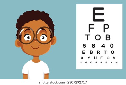 
Little Child Passing an Ophthalmological Examination Vector Cartoon Illustration. Boy having his eyes checked wearing prescription glasses 
