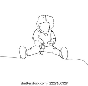 Little child playing with blocks one line art. Continuous line drawing of child, games, childhood, play, kindergarten, boy, girl.