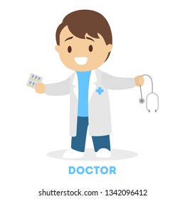 Little child playing as a doctor. Kid in white uniform holding stethoscope. Medical occupation. Flat vector illustration