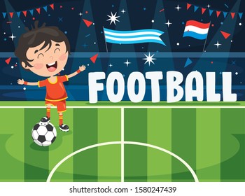Little Child Playing Football Outdoor
