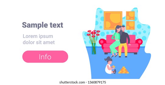 little child playing on floor while parents sitting on couch at home family relaxing mother father and daughter spending time together living room interior full length horizontal copy space