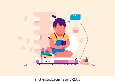 Little child playing on smartphone and riding on robot vacuum cleaner vector illustration. Happy childhood and funny leisure time flat concept