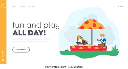 Little Child Playing in Sandbox Landing Page Template. Boy Playing with Toy Excavator on Remote Control. Outdoors Activity, Game, Recreation and Amusement in Yard. Linear Character Vector Illustration