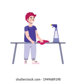 Little child polishing furniture himself, cartoon vector illustration isolated.