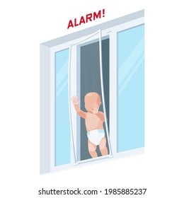 Little Child Pushing Out The Window Frame With Mosquito Net. Toddler Is Alone At Home Without Parental Control Or Safety Device. Flat Vector Image. Warning Sticker For The Window Fall Prevention.