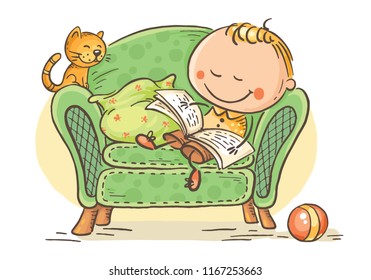 Little child reading a book in an arm-chair with his cat, colorful vector graphics