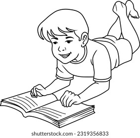 Little child reading book lying dow