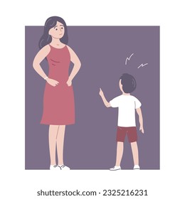 Little child is rude to mother. Family conflict. Disobedient son with bad behavior. Problem for the parent. Flat vector illustration