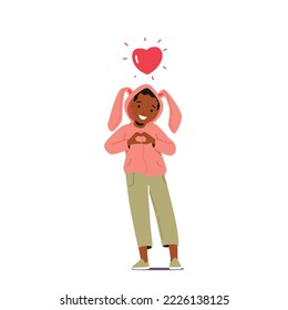 Little Child Show Love Gesture with Red Heart over Head Isolated on White Background. African Toddler Character Positive Emotion, Wellness. Cartoon People Vector Illustration