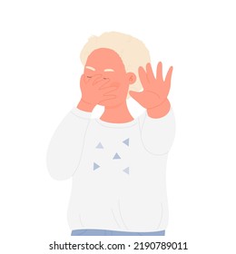 Little child showing stop expression. Warning rejection hand gesture vector illustration