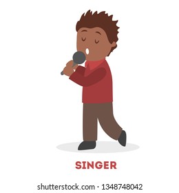 Little child sing a song holding microphone. Young singer. Cute boy play as a musician and artist. Singing karaoke. Isolated flat vector illustration