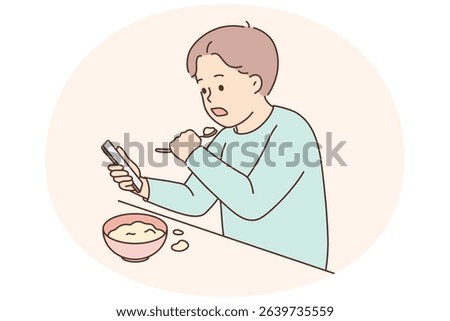 Little child sit at table eating watching cartoons on cellphone. Small boy kid with food at home involved in game on smartphone. Children and technology. Vector illustration.
