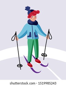 Little child skiing flat vector illustration. Smiling kid in warm clothes cartoon character. Happy childhood activity, winter holidays. Active outdoor pastime, sports leisure, seasonal recreation