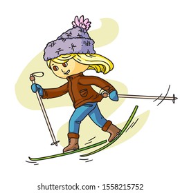 Little child skiing flat vector illustration. Smiling kid in warm clothes cartoon character. Happy childhood activity, winter holidays. Active outdoor pastime, sports leisure, seasonal recreation