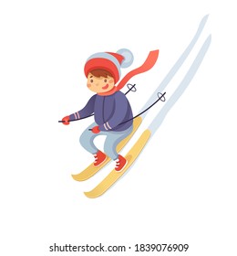 Little child skiing flat vector illustration. Smiling kid in warm clothes cartoon character. Happy childhood activity, winter holidays. Active outdoor pastime, sports leisure, seasonal recreation