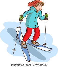 Little child skiing flat vector illustration.  winter holidays. Active outdoor pastime, sports leisure, seasonal recreation