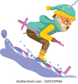 Little Child Skiing In Warm Clothes Cartoon Character