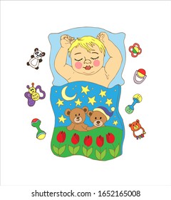 A little child sleeps on a pillow under a blanket with tulips, bears, sky, moon, stars. Children's toys, rattles. Children's drawing, illustration for the cartoon and books. Vector.