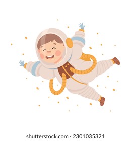 Little child in spacesuit flying in space. Kids astronaut character dreaming adventures cartoon vector illustration