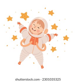 Little child in spacesuit flying in space. Kids astronaut character dreaming about space adventures cartoon vector illustration