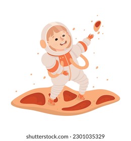 Little child in spacesuit on Mars planet. Kids astronaut character dreaming about adventures in outer space cartoon vector illustration