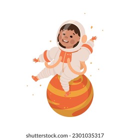 Little child in spacesuit sitting on planet. Kids astronaut character in outer space cartoon vector illustration