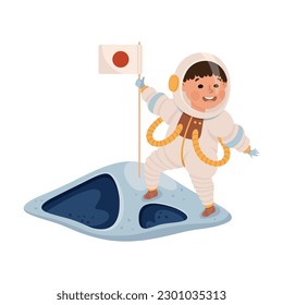 Little child in spacesuit standing on moon with flag of Japan. Kids astronaut character in outer space cartoon vector illustration