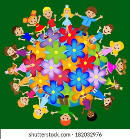 little child stand round floral planet, vector illustration