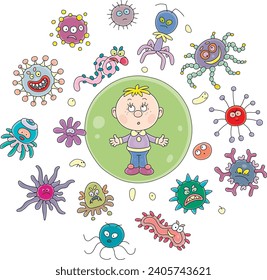 Little child surrounded by funny and angry virus and bacterium monsters swarming around, vector cartoon illustration on a white background