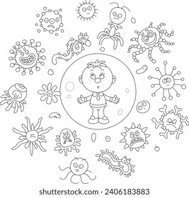 Little child surrounded by funny and angry virus and bacterium monsters swarming around, black and white outline vector cartoon illustration for a coloring book