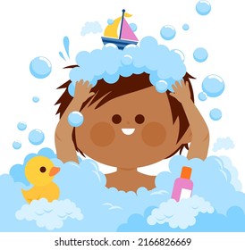 Little child taking a bubble bath and washing his hair. Vector illustration
