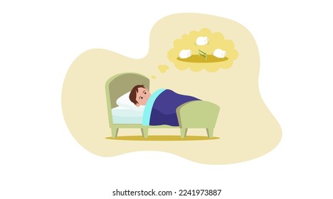 Little child trying to fall asleep counting sheep in bed. Vector illustration