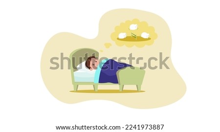 Little child trying to fall asleep counting sheep in bed. Vector illustration