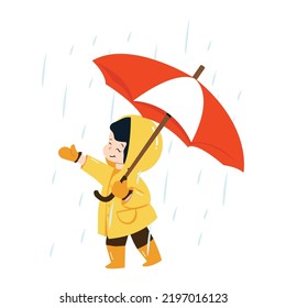 Little Child With Umbrella In Raincoat Cartoon