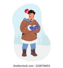 Little Child Walking on Wintertime Street Enjoy First Snow. Christmas Vacation Fun. Boy Character Wear Warm Clothes Playing with Falling Snowflakes at Winter Time. Cartoon People Vector Illustration