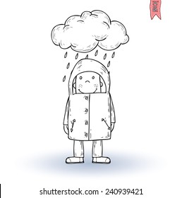Little child walking in the rain, vector illustration.