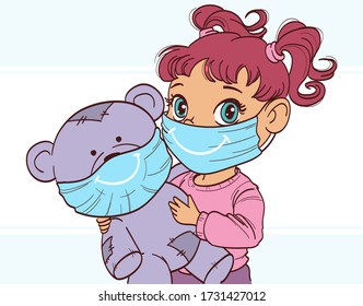 The little child wear a facemask and play with toy, vector illustration