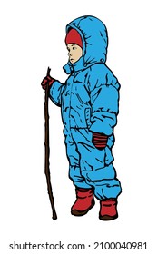 Little child is weared in blue overalls, red boots, hat, hood, mittens. Baby is standing and holding stick in hand