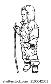 Little child is weared in overalls, boots, hat, hood, mittens. Baby is standing and holding stick in hand. Outline, sketch, black and white illustration