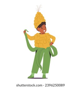 Little Child Wearing Playful Corn Cob Costume, Complete With Vibrant Husks And A Smiling Face. Boy Character Radiates Joy And Whimsy During Performance Festivities. Cartoon People Vector Illustration