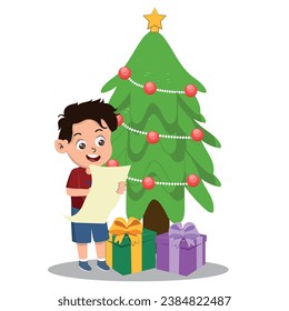 little child writing letter to Santa Claus, Christmas gift list. Vector illustration