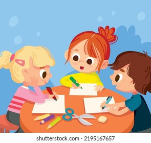 Little children, babies drawing pictures with pencils and markers on blank sheets sitting around the table. Drawing kid activity in art class. Learning how to draw. Creative Arts and Crafts Classes.