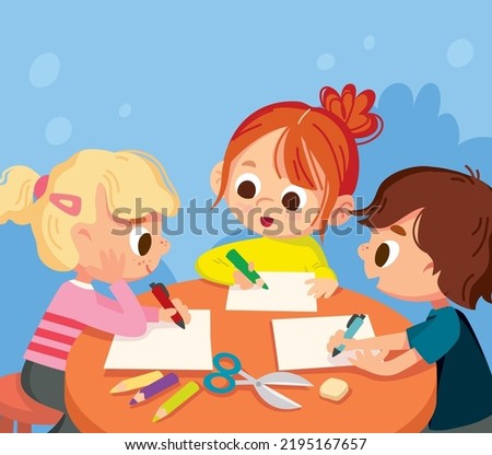 Little children, babies drawing pictures with pencils and markers on blank sheets sitting around the table. Drawing kid activity in art class. Learning how to draw. Creative Arts and Crafts Classes.