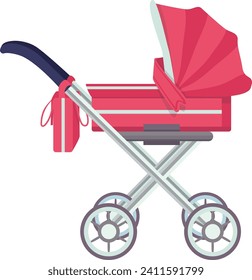 Little children baby carriage, concept child pram standing front, red perambulator cartoon vector illustration, isolated on white. Infant comfortable stroller, pregnancy stuff object.