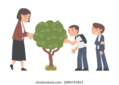 Little Children with Backpack Engaged in School Gardening with Teacher Vector Illustration