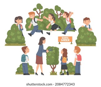 Niños pequeños con mochila en el jardín escolar imprimiendo el juego de vectores Bush