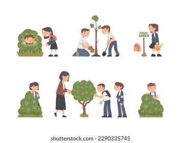 Little Children with Backpack Engaged in School Gardening with Teacher Vector Set
